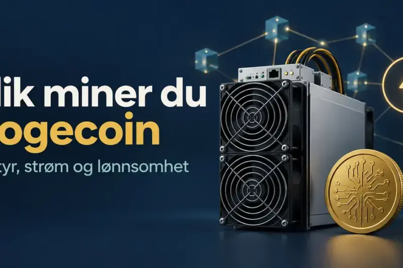Illustrasjon av en miningmaskin, en gyllen mynt og et strømsymbol ved teksten «Slik miner du dogecoin – Utstyr, strøm og lønnsomhet».