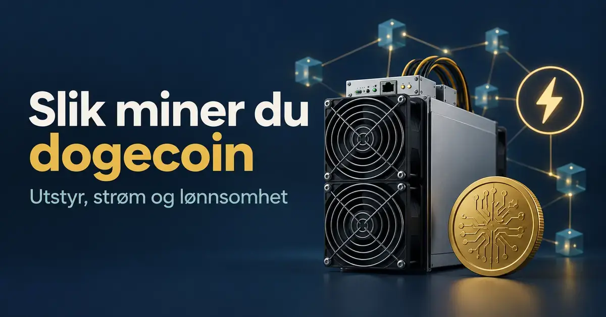 Illustrasjon av en miningmaskin, en gyllen mynt og et strømsymbol ved teksten «Slik miner du dogecoin – Utstyr, strøm og lønnsomhet».