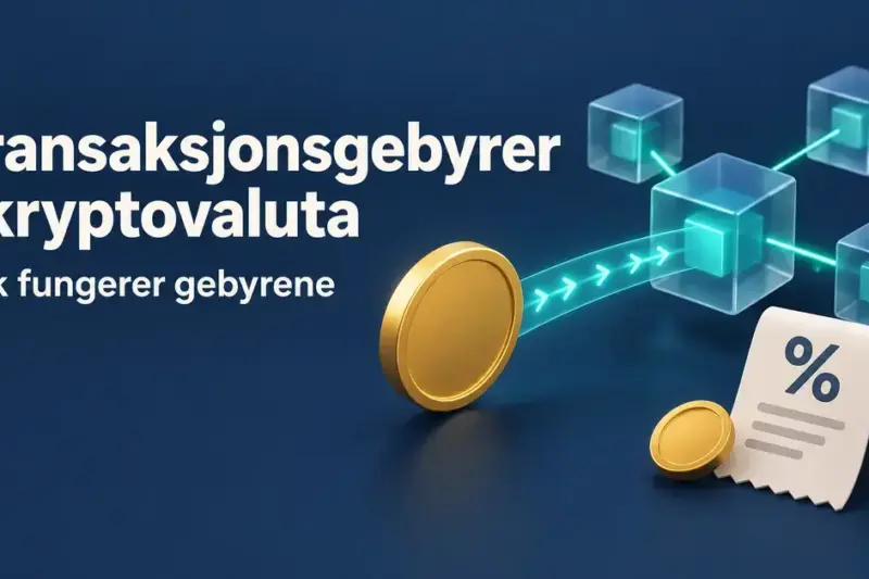 Illustrasjon av kryptovaluta som sendes gjennom et blokkjedenettverk, med gullmynter og en kvittering med prosenttegn som symboliserer transaksjonsgebyrer.