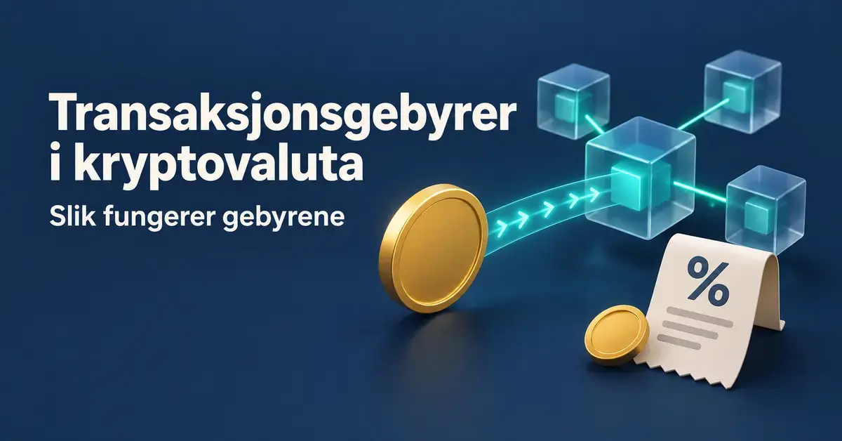 Illustrasjon av kryptovaluta som sendes gjennom et blokkjedenettverk, med gullmynter og en kvittering med prosenttegn som symboliserer transaksjonsgebyrer.