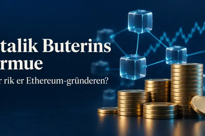 Illustrasjon av gullfargede mynter, sammenkoblede blokker og en svingende kurskurve med teksten «Vitalik Buterins formue – Hvor rik er Ethereum-gründeren?».