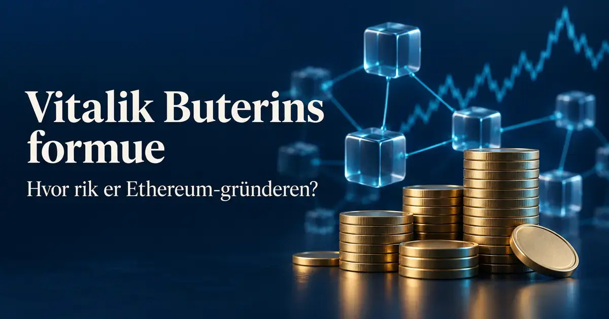 Illustrasjon av gullfargede mynter, sammenkoblede blokker og en svingende kurskurve med teksten «Vitalik Buterins formue – Hvor rik er Ethereum-gründeren?».